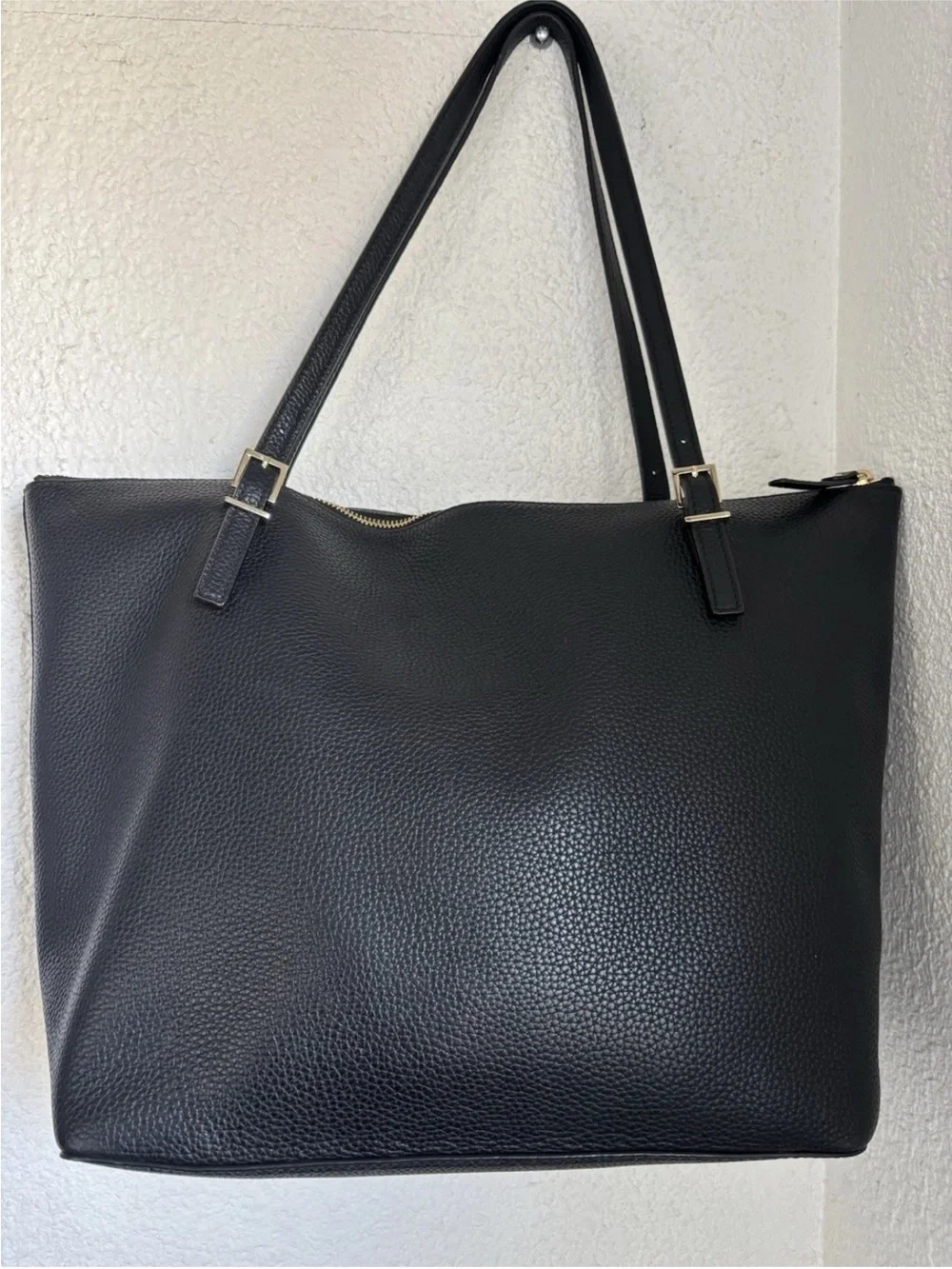 kate spade Black Pebbled Leather Zip-Top Tote with Gold Logo